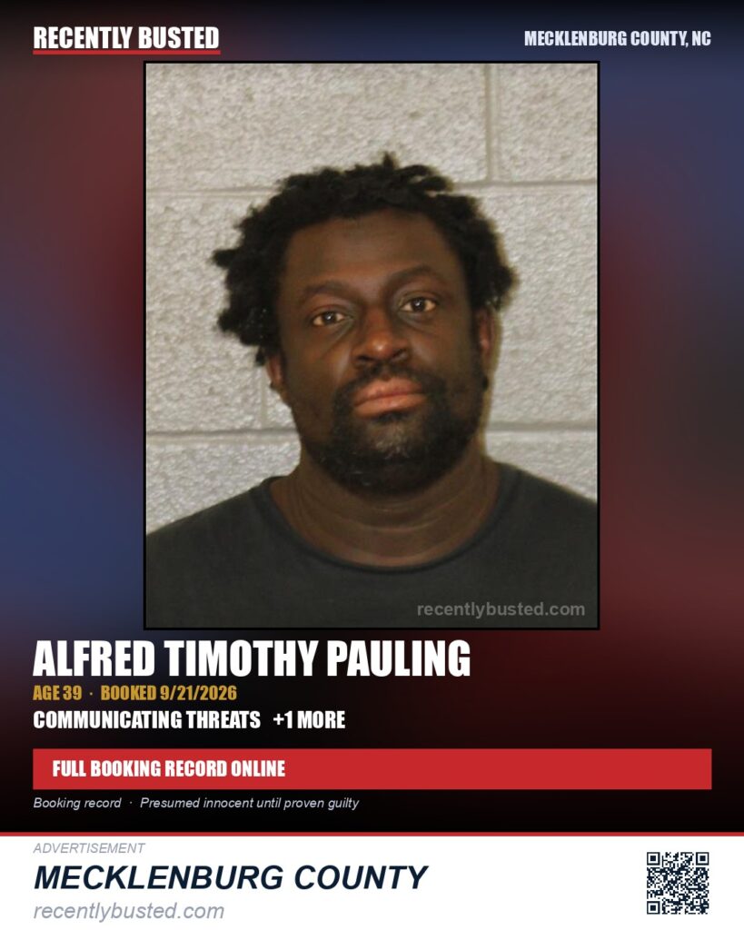 ALFRED TIMOTHY PAULING — arrest record card, Mecklenburg County, North Carolina