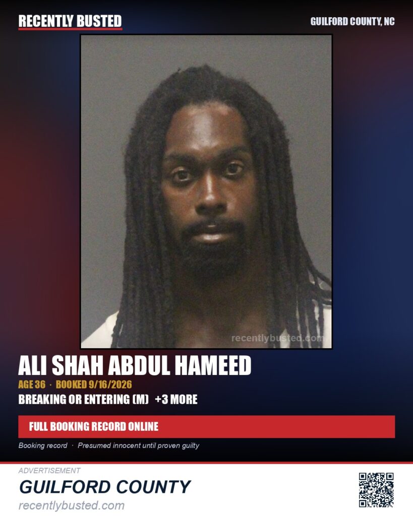 ALI SHAH ABDUL HAMEED — arrest record card, Guilford County, North Carolina