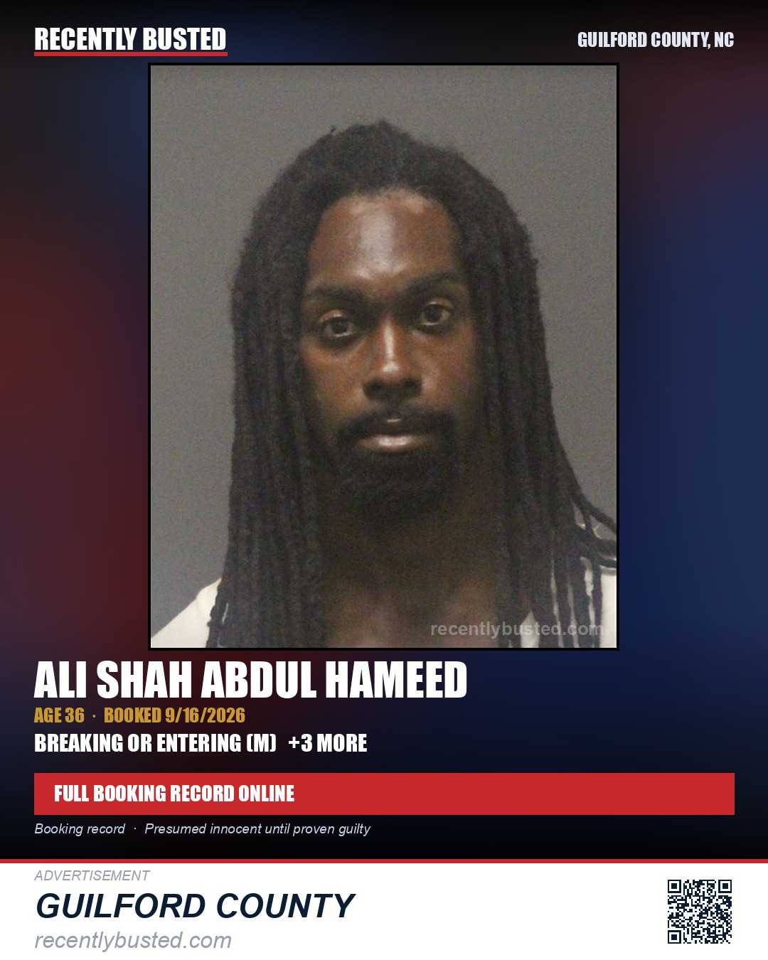 ALI SHAH ABDUL HAMEED — arrest record card, Guilford County, North Carolina