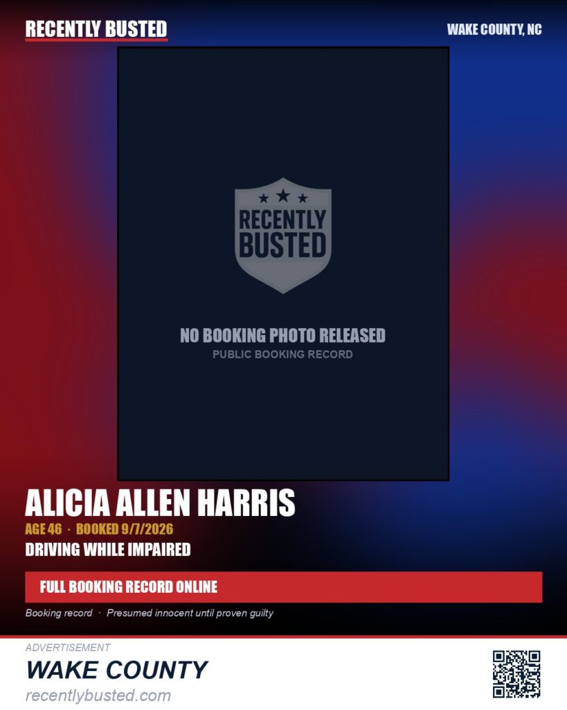 ALICIA ALLEN HARRIS — arrest record card, Wake County, North Carolina