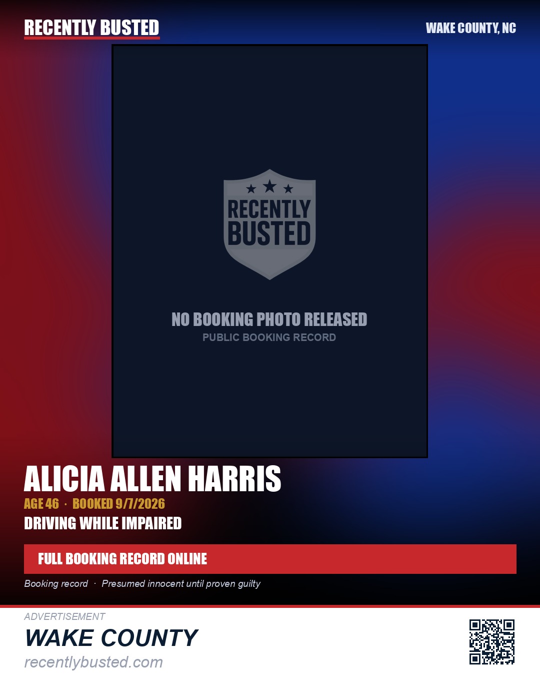 ALICIA ALLEN HARRIS — arrest record card, Wake County, North Carolina
