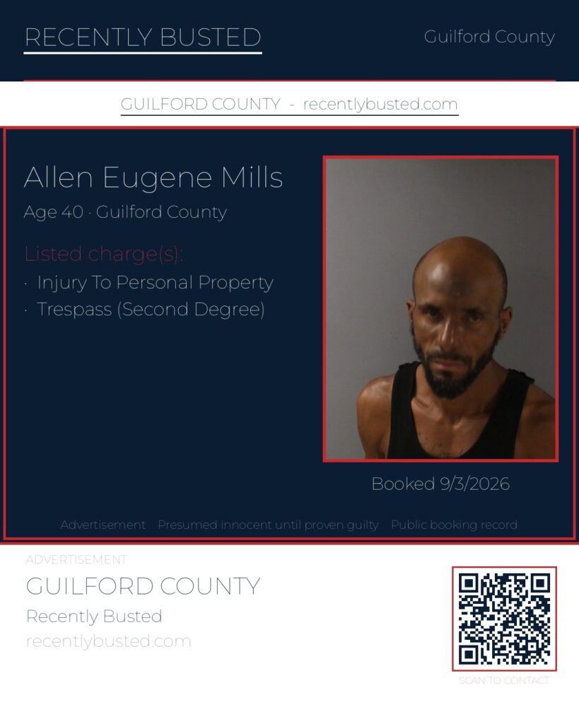 ALLEN EUGENE MILLS — arrest record card, Guilford County, North Carolina