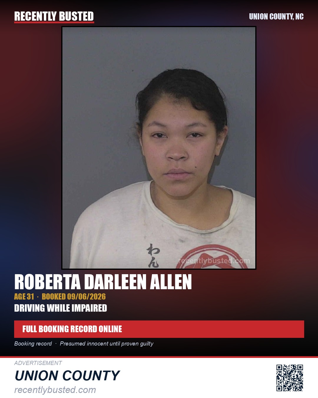 ALLEN, ROBERTA DARLEEN — arrest record card, Union County, North Carolina