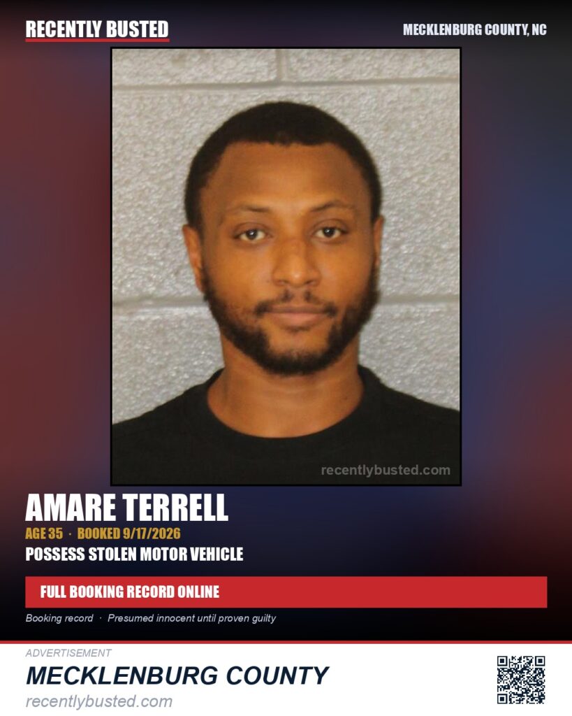 AMARE TERRELL — arrest record card, Mecklenburg County, North Carolina