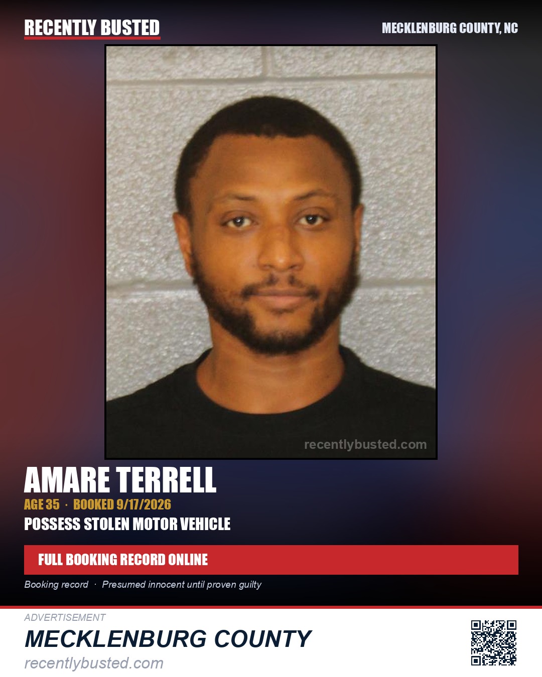 AMARE TERRELL — arrest record card, Mecklenburg County, North Carolina