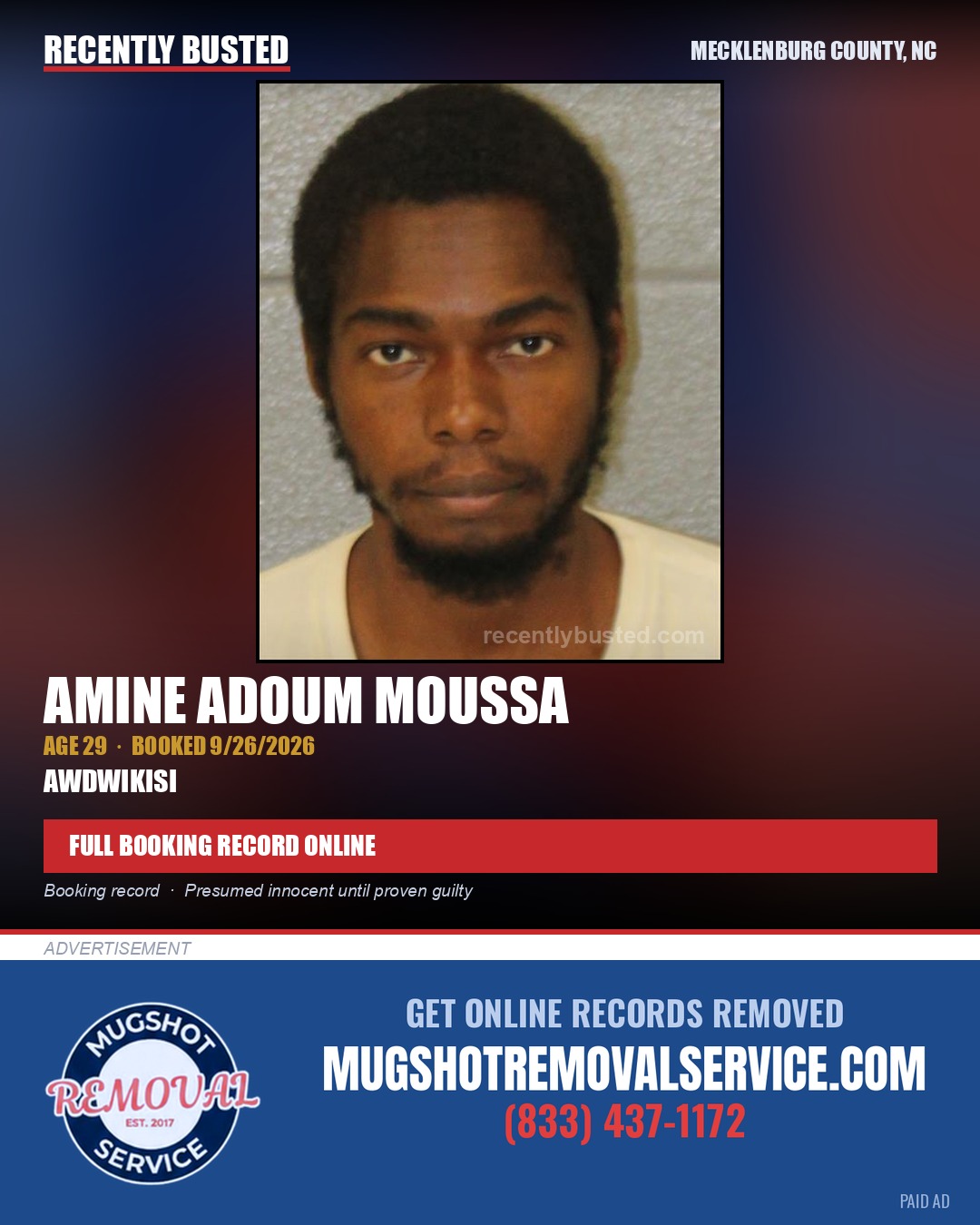 AMINE ADOUM MOUSSA — arrest record card, Mecklenburg County, North Carolina