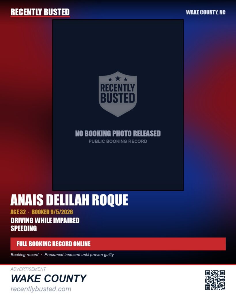 ANAIS DELILAH ROQUE — arrest record card, Wake County, North Carolina