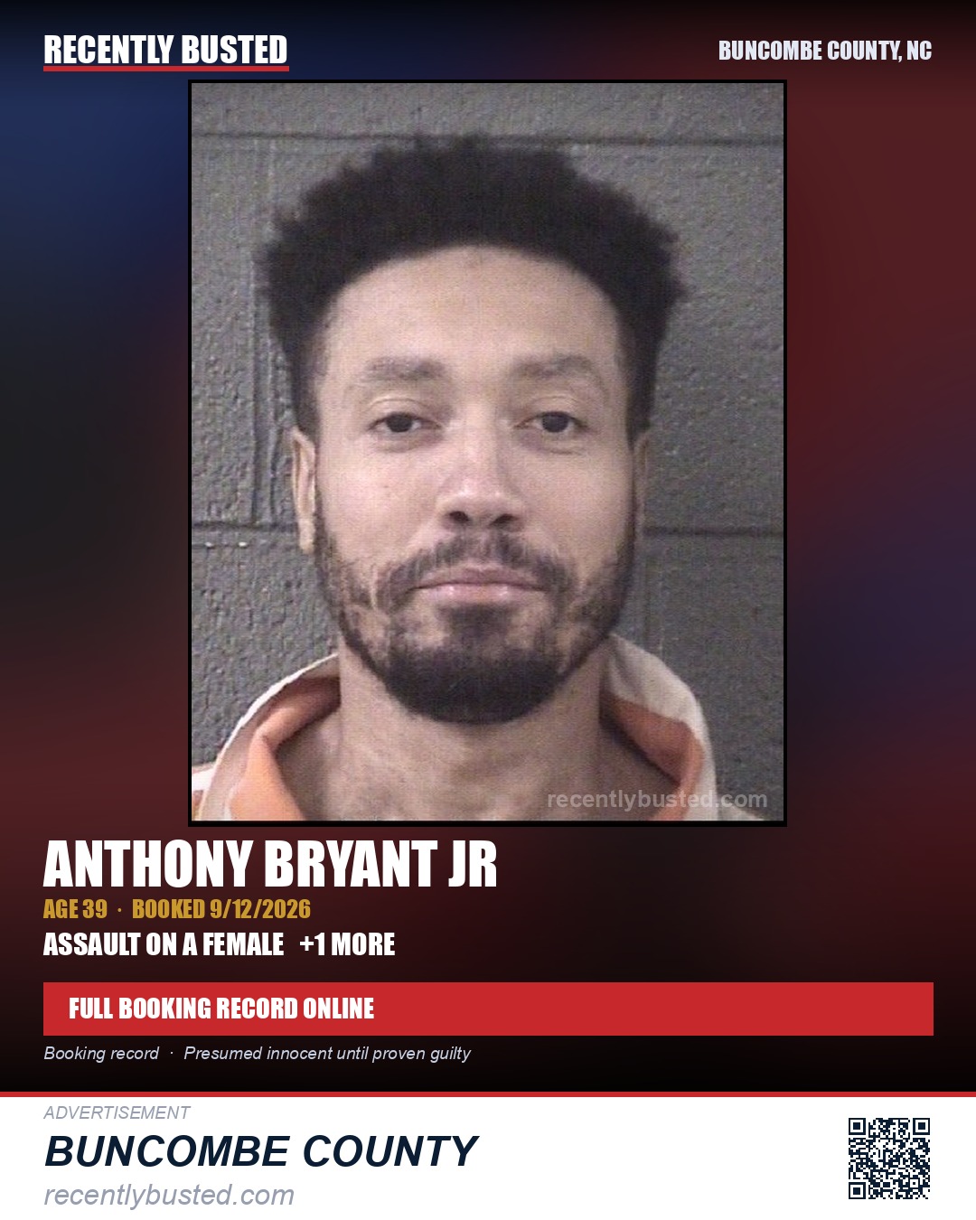 ANTHONY BRYANT JR — arrest record card, Buncombe County, North Carolina