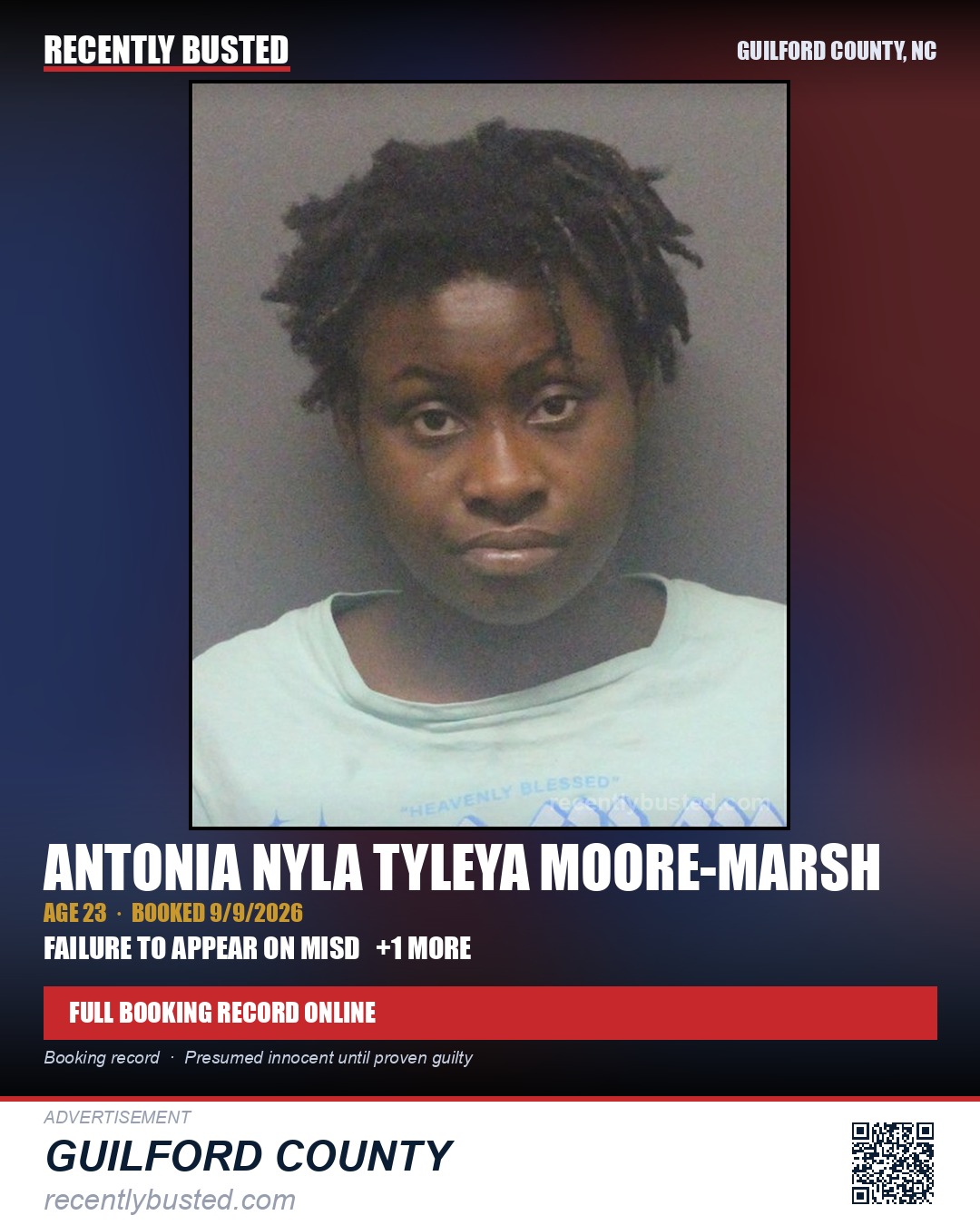 ANTONIA NYLA TYLEYA MOORE-MARSH — arrest record card, Guilford County, North Carolina