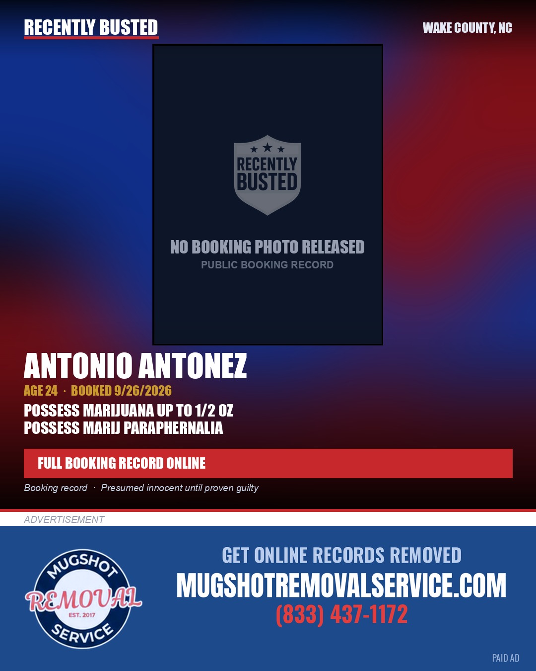 ANTONIO ANTONEZ — arrest record card, Wake County, North Carolina