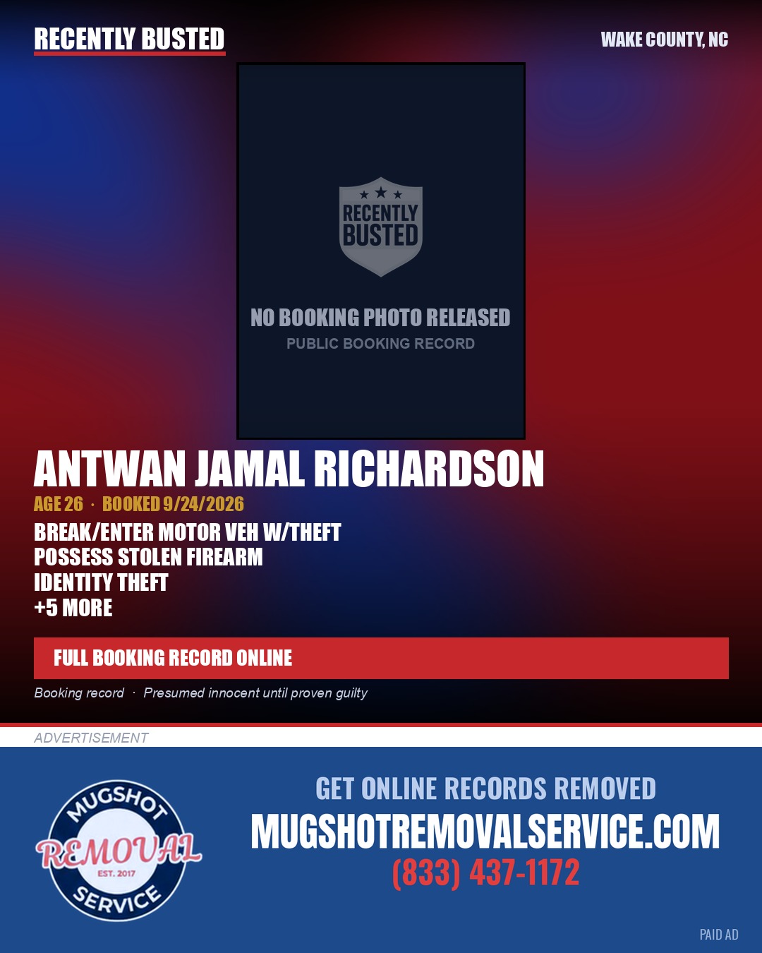 ANTWAN JAMAL RICHARDSON — arrest record card, Wake County, North Carolina
