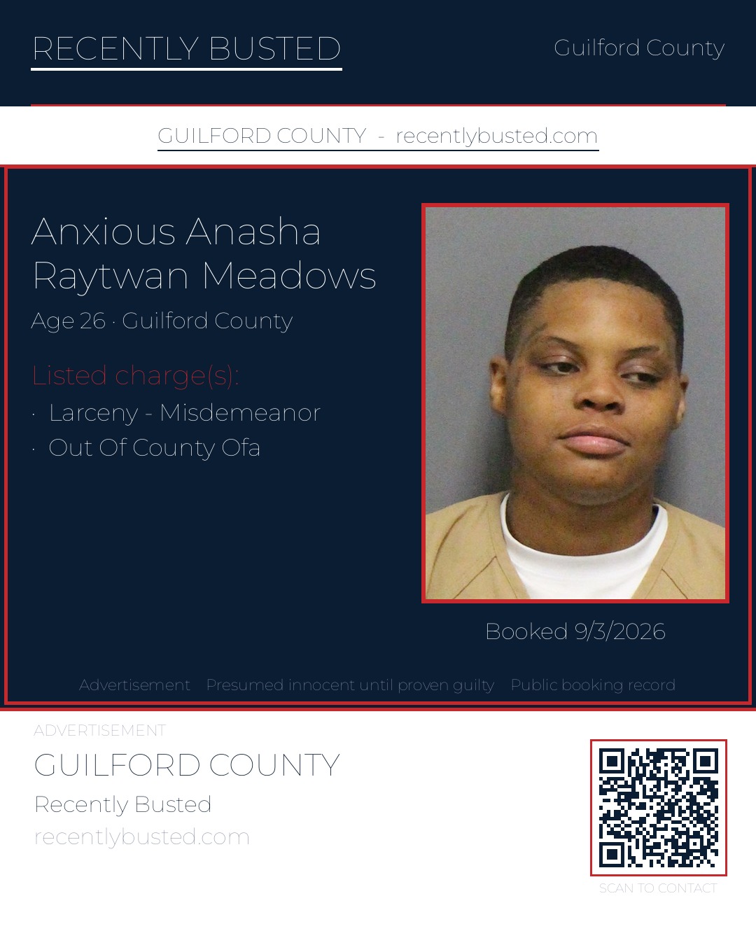 ANXIOUS ANASHA RAYTWAN MEADOWS — arrest record card, Guilford County, North Carolina