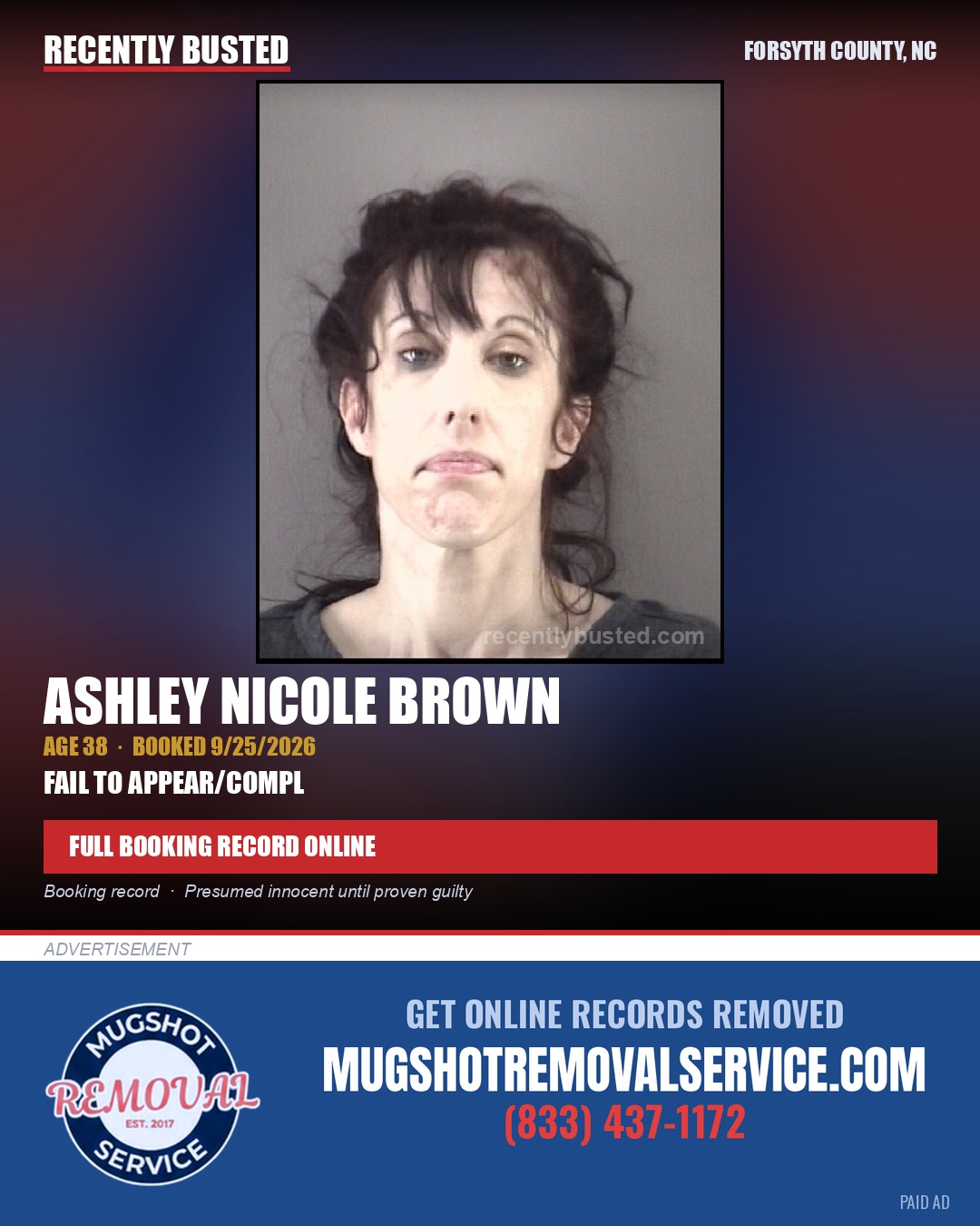 ASHLEY NICOLE BROWN — arrest record card, Forsyth County, North Carolina