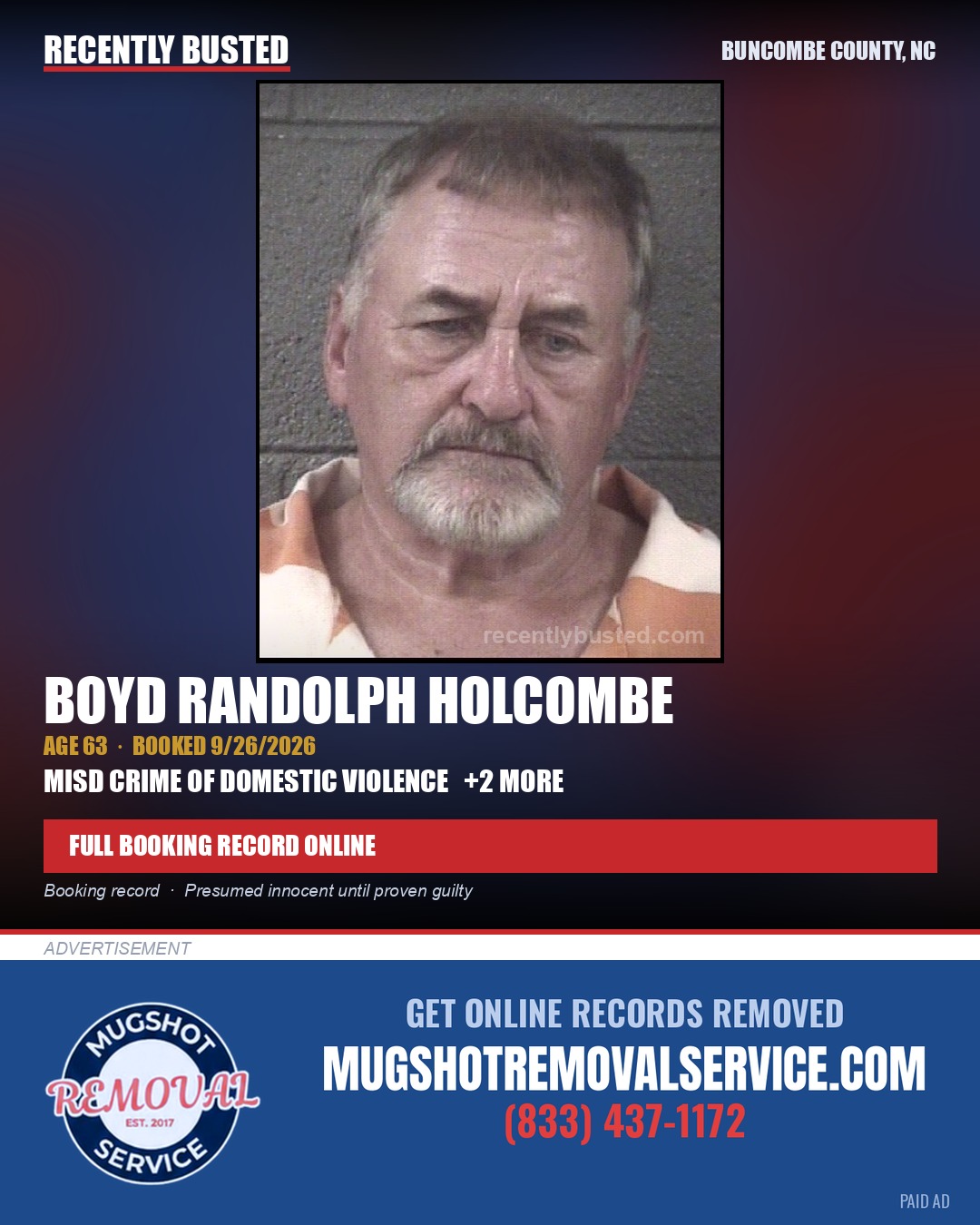 BOYD RANDOLPH HOLCOMBE — arrest record card, Buncombe County, North Carolina