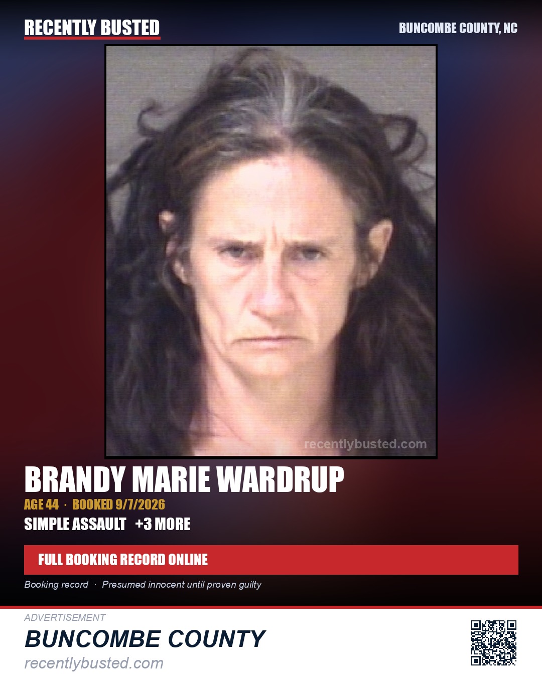 BRANDY MARIE WARDRUP — arrest record card, Buncombe County, North Carolina