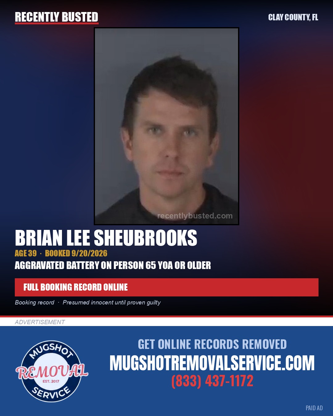 BRIAN LEE SHEUBROOKS — arrest record card, Clay County, Florida