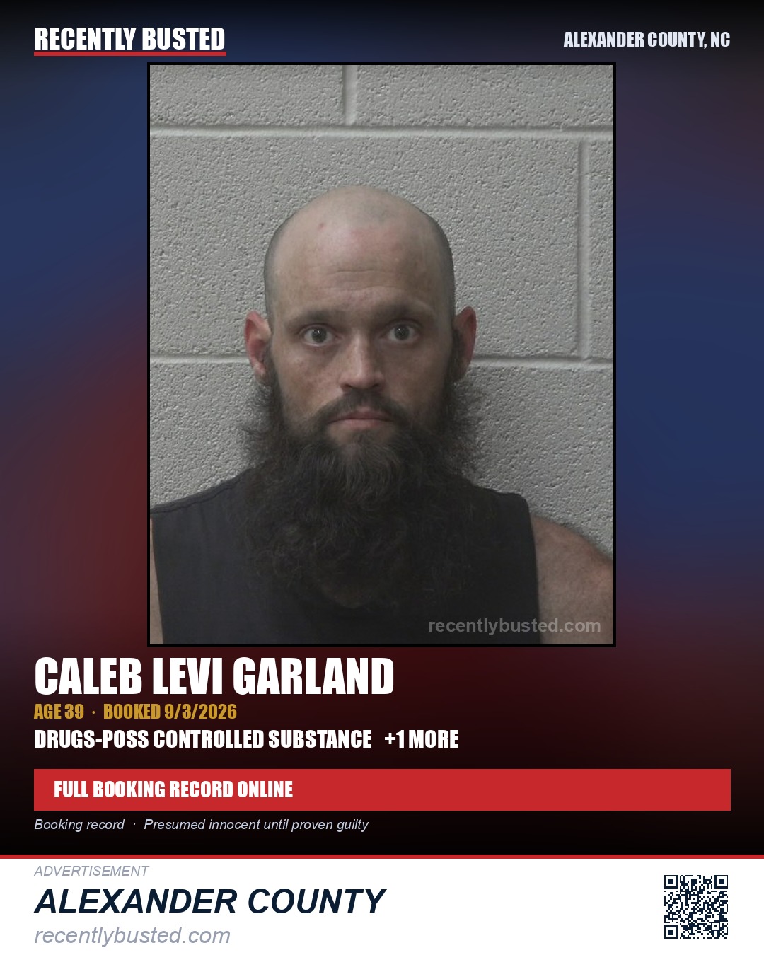 CALEB LEVI GARLAND — arrest record card, Alexander County, North Carolina