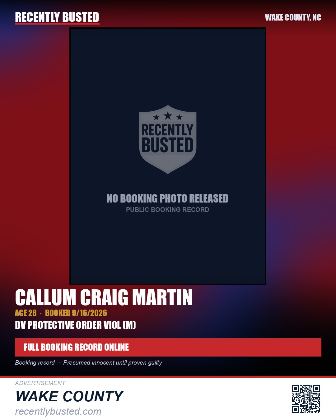 CALLUM CRAIG MARTIN — arrest record card, Wake County, North Carolina
