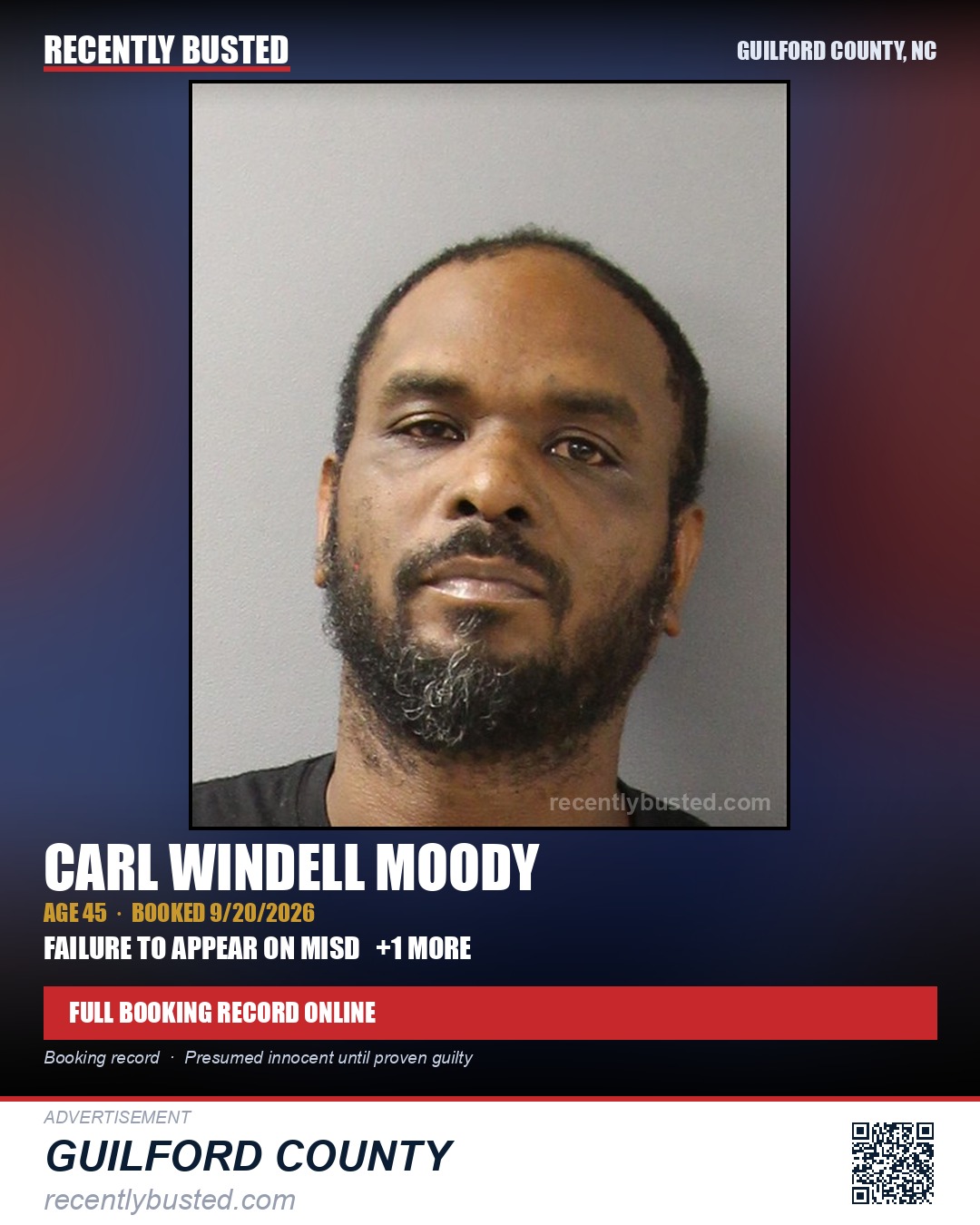 CARL WINDELL MOODY — arrest record card, Guilford County, North Carolina