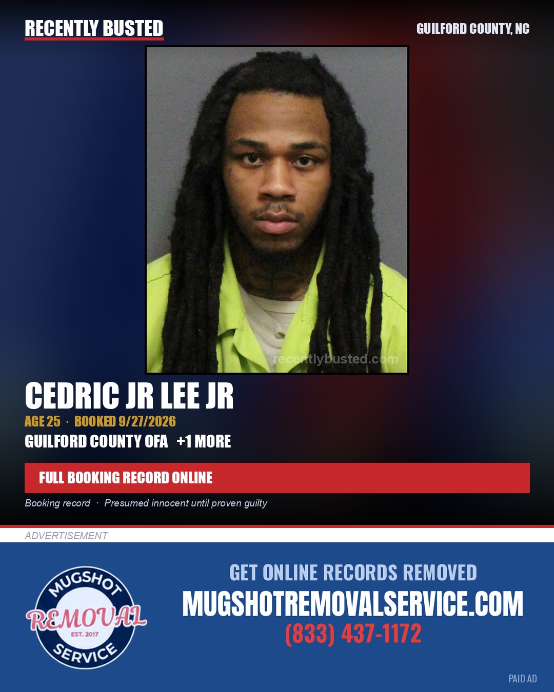 CEDRIC JR LEE JR — arrest record card, Guilford County, North Carolina