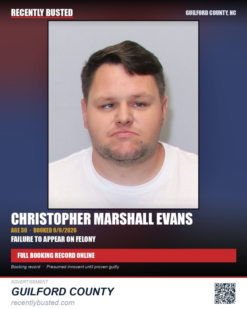 CHRISTOPHER MARSHALL EVANS — arrest record card, Guilford County, North Carolina