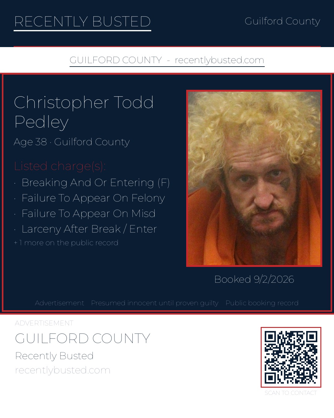 CHRISTOPHER TODD PEDLEY — arrest record card, Guilford County, North Carolina
