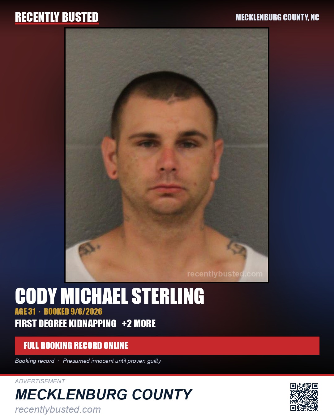 CODY MICHAEL STERLING — arrest record card, Mecklenburg County, North Carolina