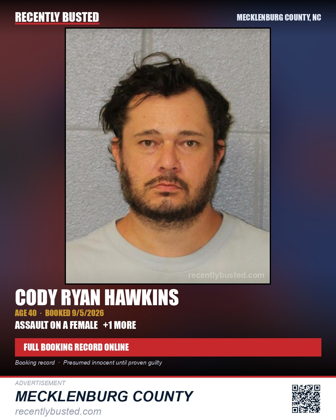 CODY RYAN HAWKINS — arrest record card, Mecklenburg County, North Carolina