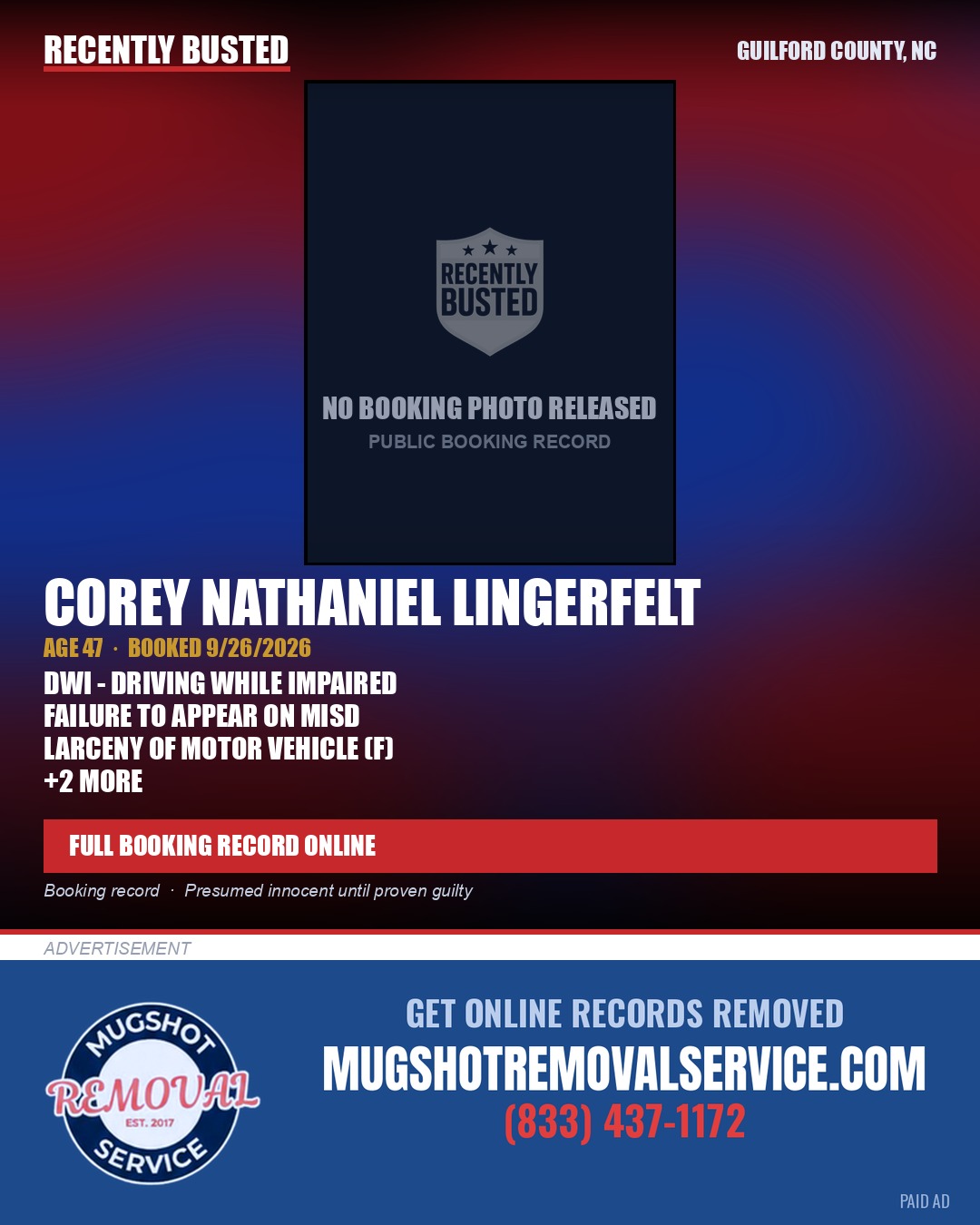COREY NATHANIEL LINGERFELT — arrest record card, Guilford County, North Carolina