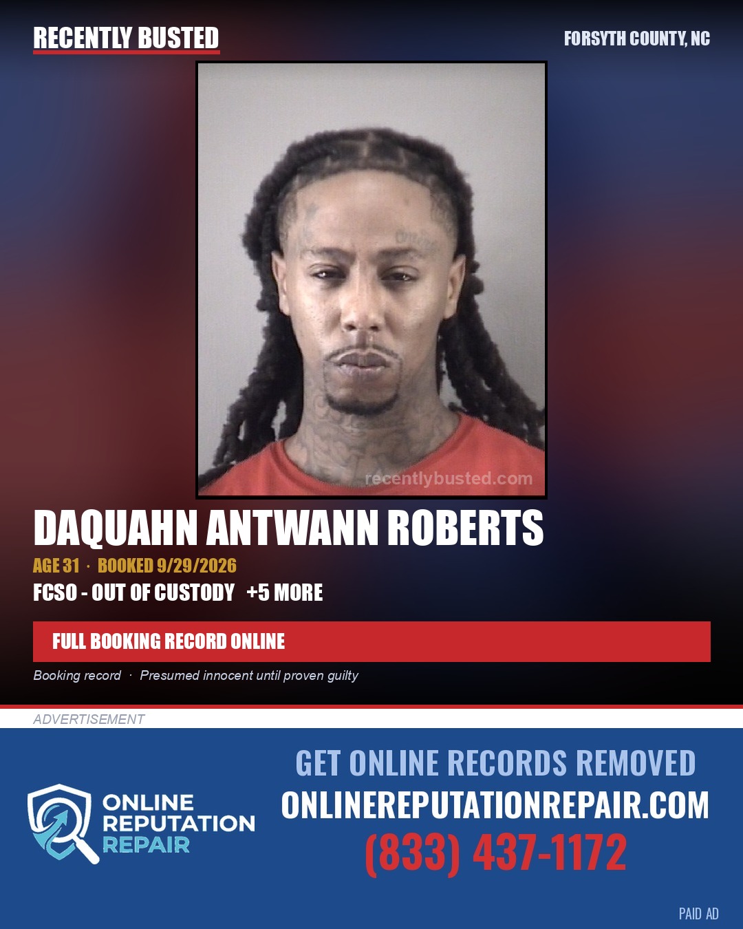 DAQUAHN ANTWANN ROBERTS — arrest record card, Forsyth County, North Carolina