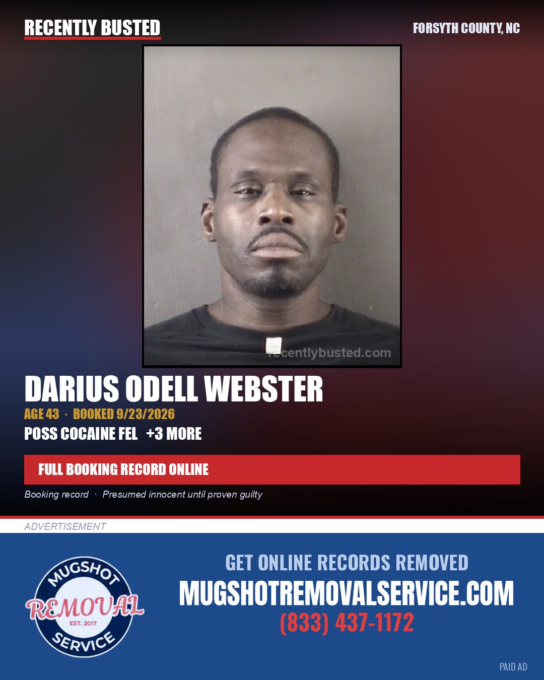DARIUS ODELL WEBSTER — arrest record card, Forsyth County, North Carolina
