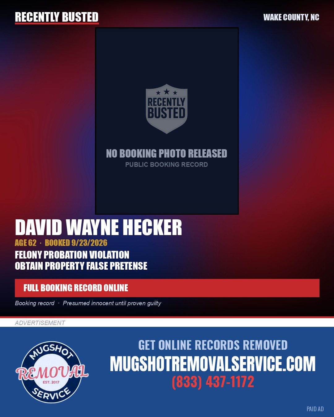 DAVID WAYNE HECKER — arrest record card, Wake County, North Carolina