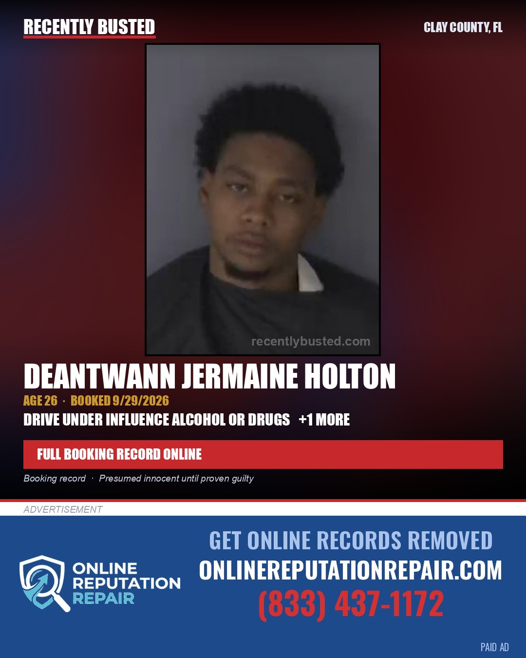 DEANTWANN JERMAINE HOLTON — arrest record card, Clay County, Florida