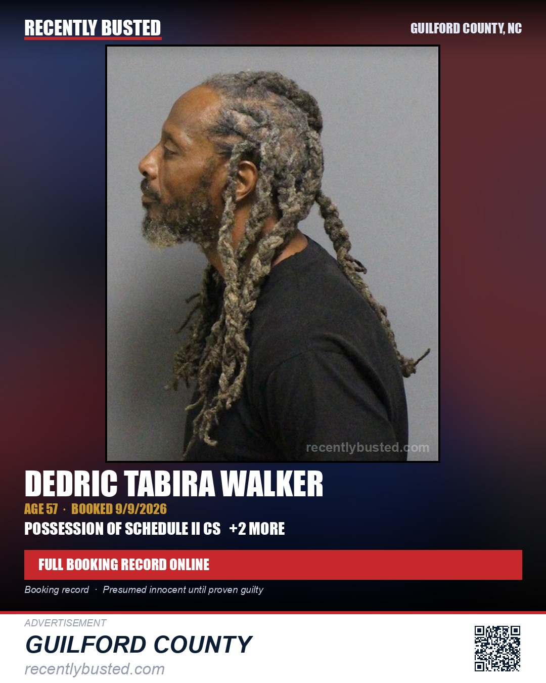 DEDRIC TABIRA WALKER — arrest record card, Guilford County, North Carolina