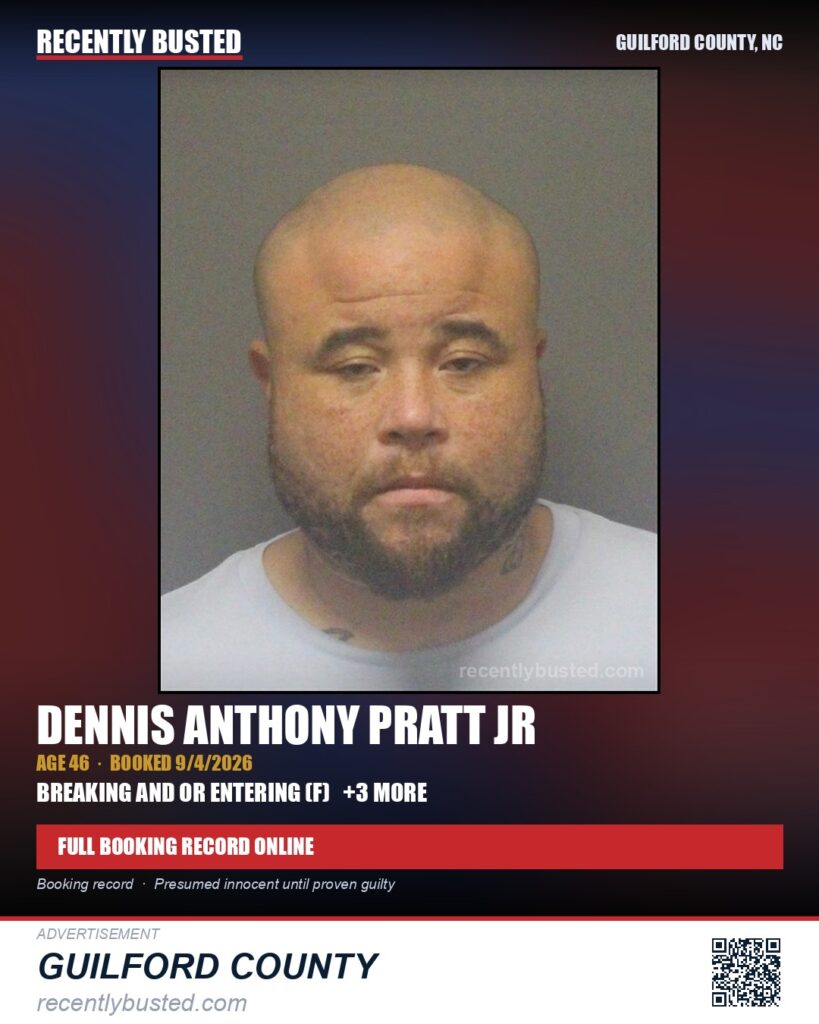 DENNIS ANTHONY PRATT JR — arrest record card, Guilford County, North Carolina