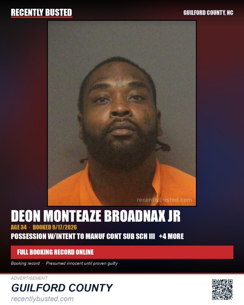 DEON MONTEAZE BROADNAX JR — arrest record card, Guilford County, North Carolina