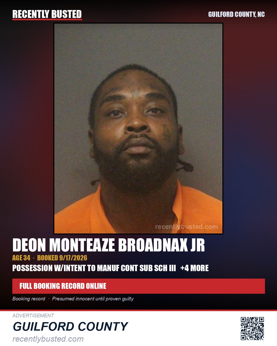 DEON MONTEAZE BROADNAX JR — arrest record card, Guilford County, North Carolina