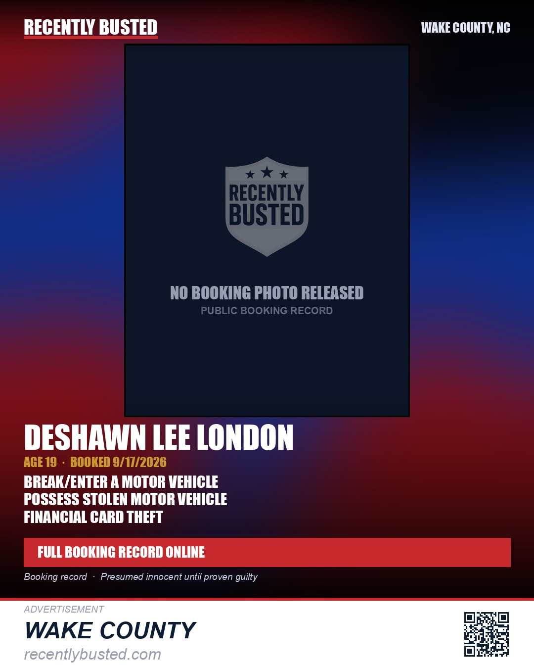 DESHAWN LEE LONDON — arrest record card, Wake County, North Carolina