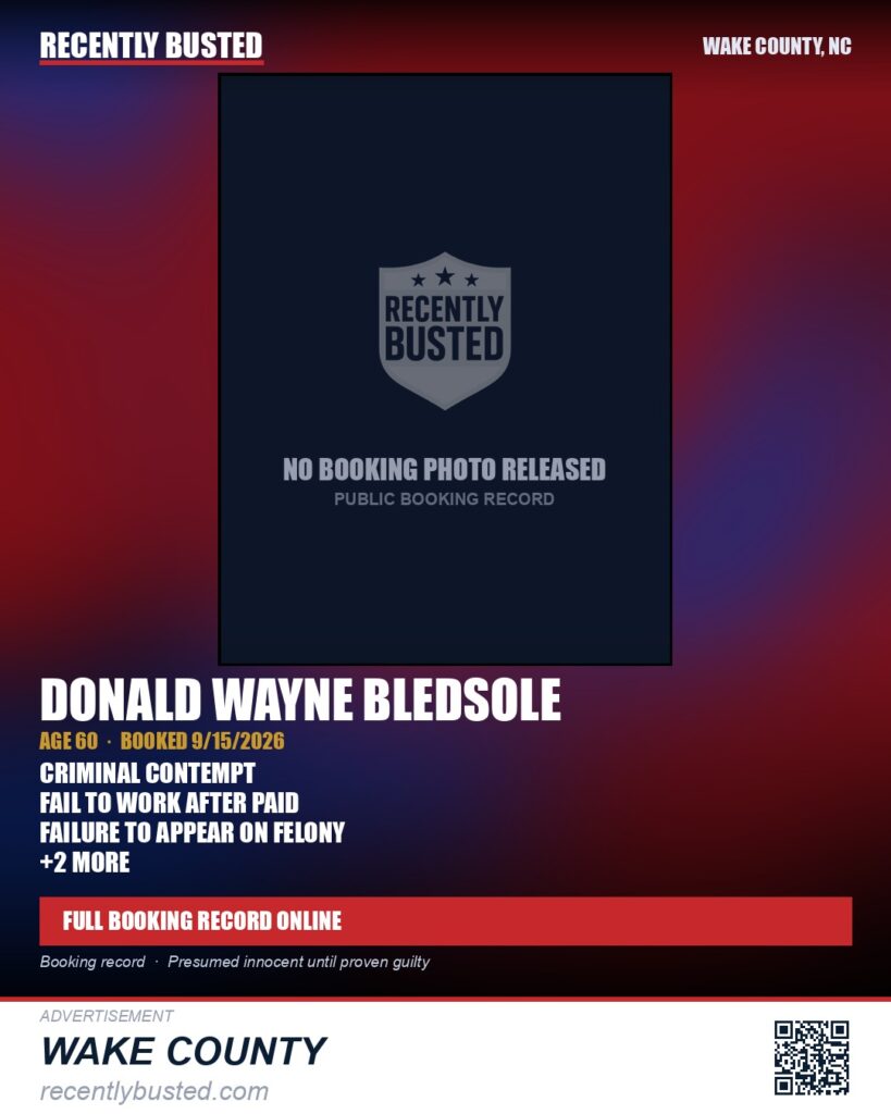 DONALD WAYNE BLEDSOLE — arrest record card, Wake County, North Carolina