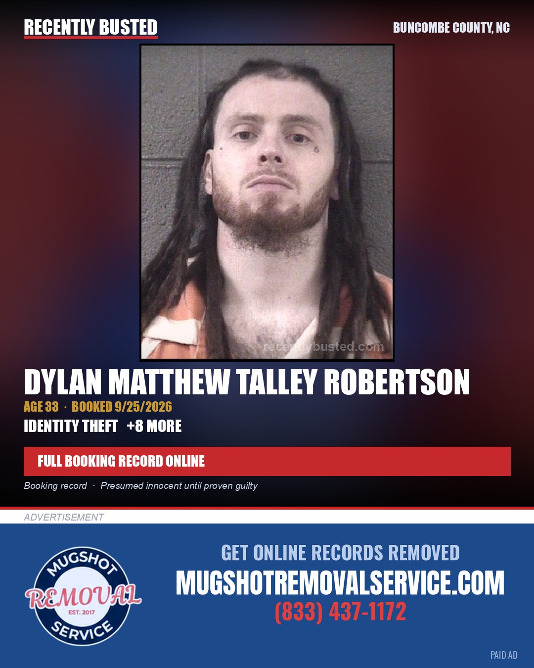 DYLAN MATTHEW TALLEY ROBERTSON — arrest record card, Buncombe County, North Carolina