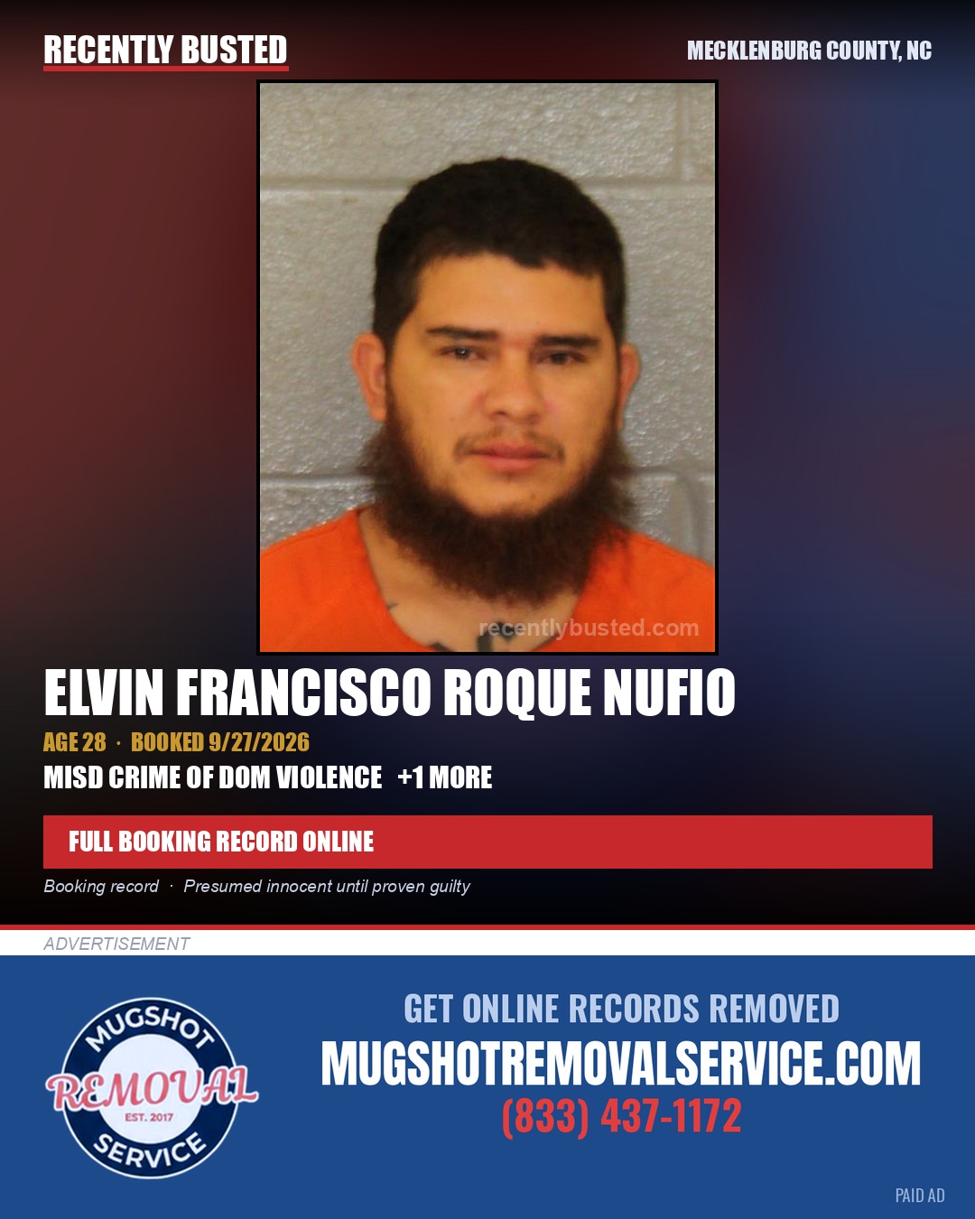 ELVIN FRANCISCO ROQUE NUFIO — arrest record card, Mecklenburg County, North Carolina