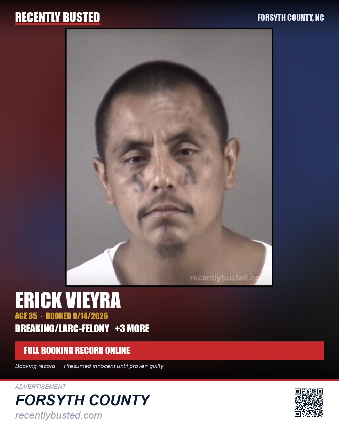 ERICK VIEYRA — arrest record card, Forsyth County, North Carolina