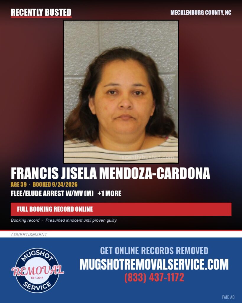 FRANCIS JISELA MENDOZA-CARDONA — arrest record card, Mecklenburg County, North Carolina