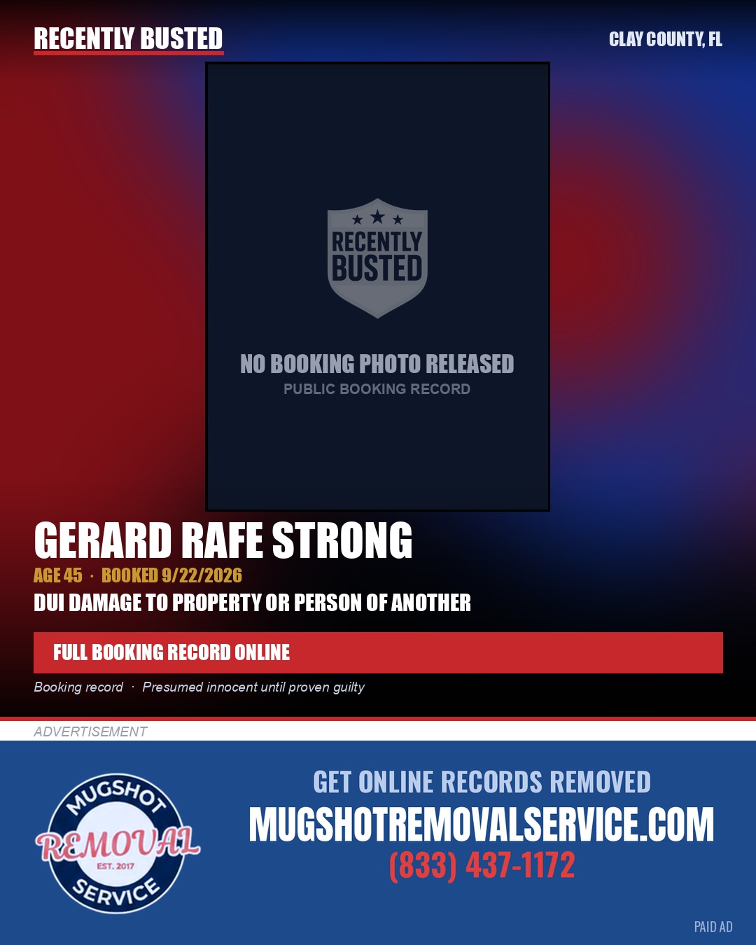 GERARD RAFE STRONG — arrest record card, Clay County, Florida