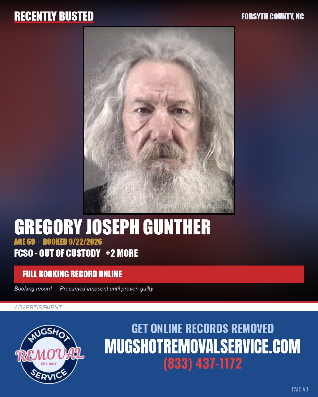 GREGORY JOSEPH GUNTHER — arrest record card, Forsyth County, North Carolina