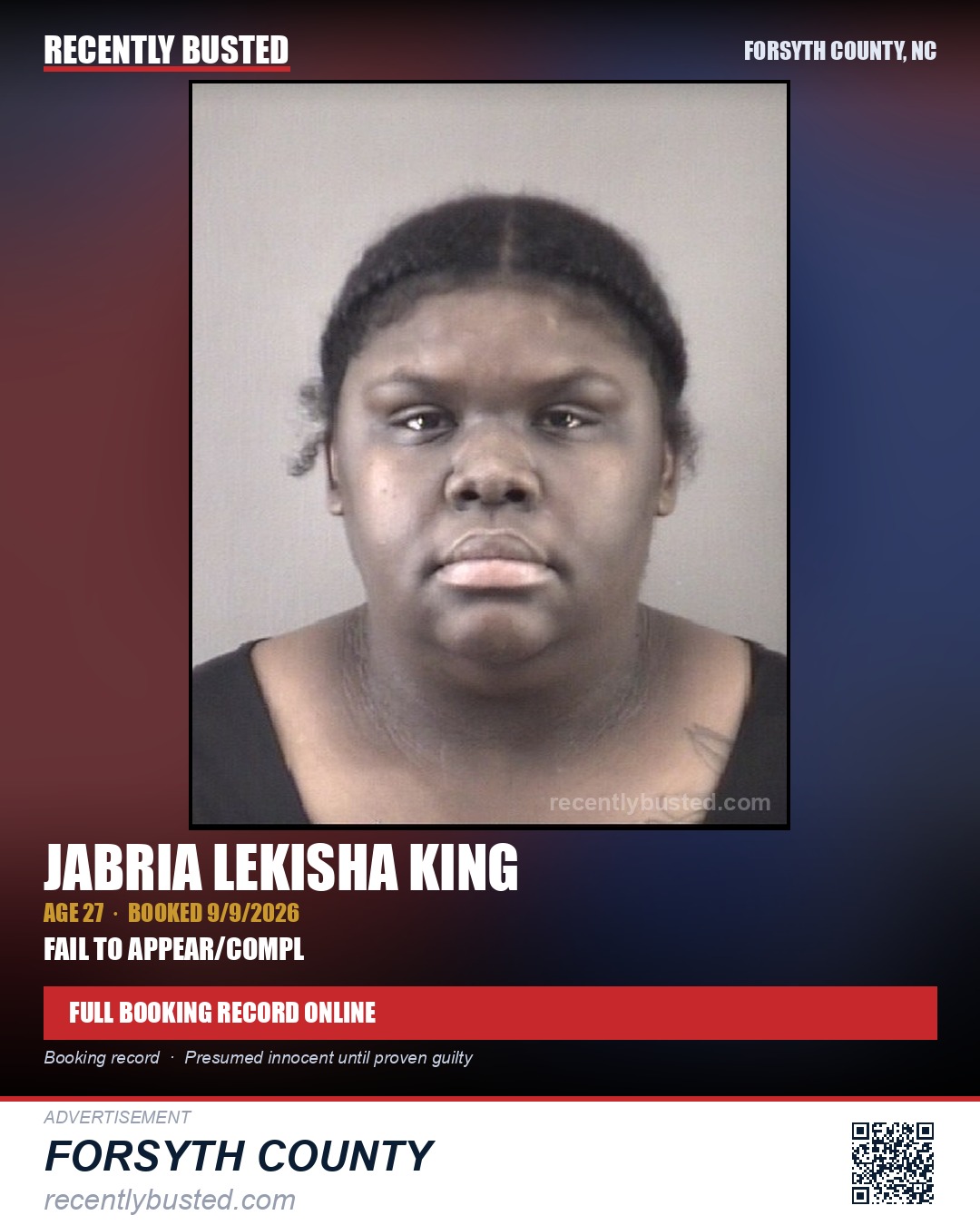 JABRIA LEKISHA KING — arrest record card, Forsyth County, North Carolina