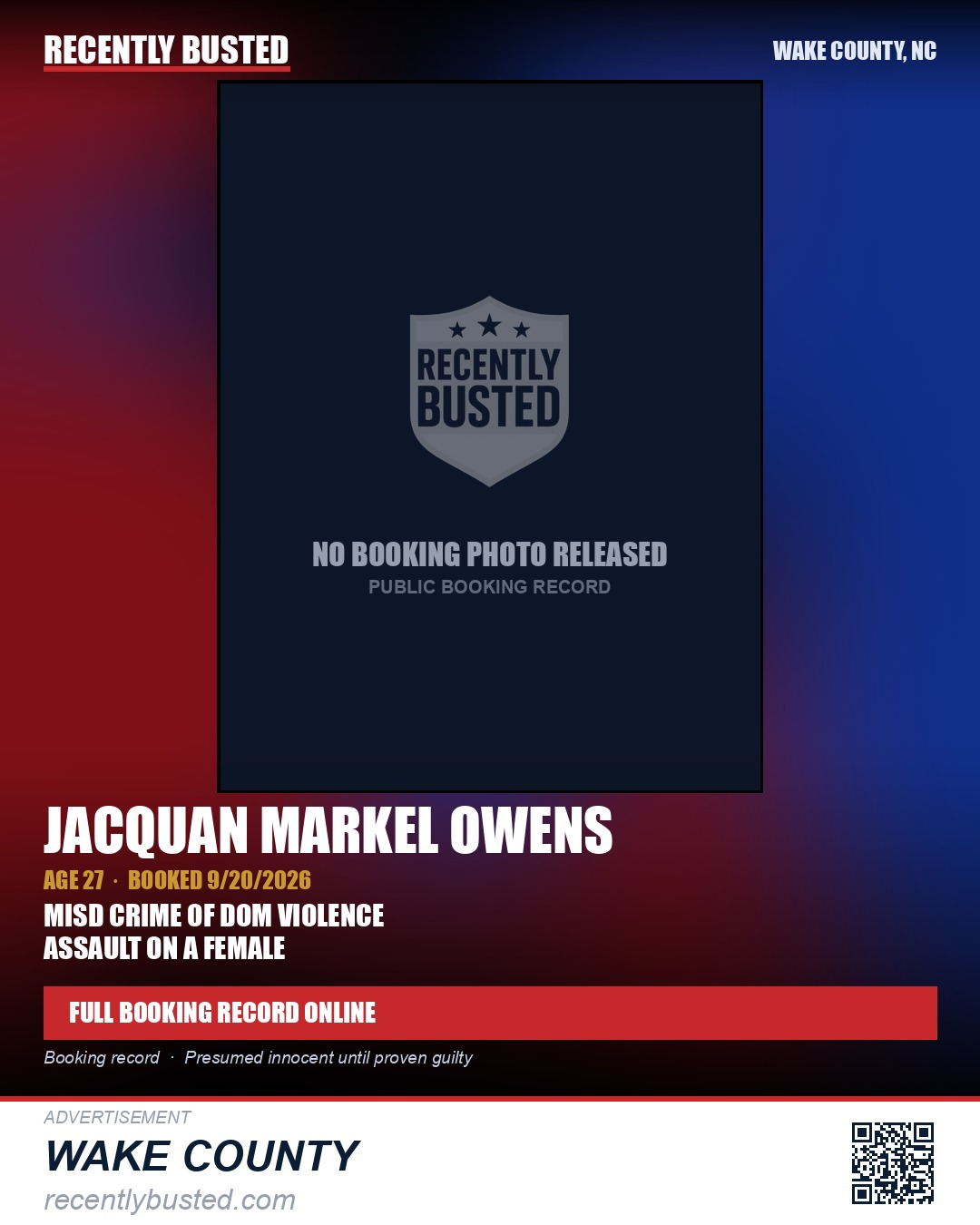 JACQUAN MARKEL OWENS — arrest record card, Wake County, North Carolina