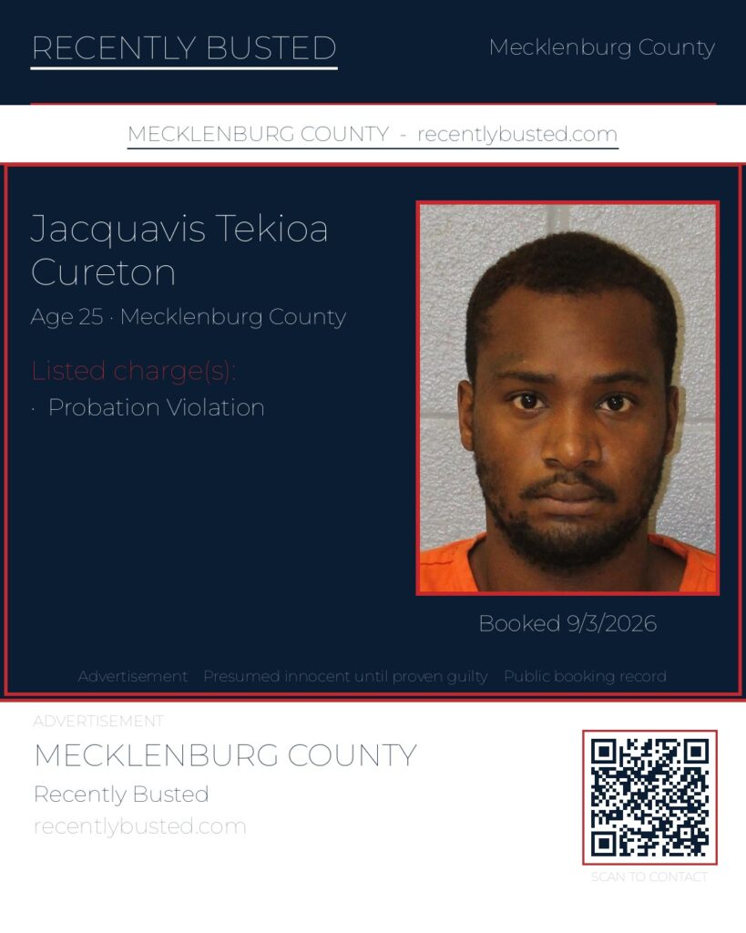 JACQUAVIS TEKIOA CURETON — arrest record card, Mecklenburg County, North Carolina