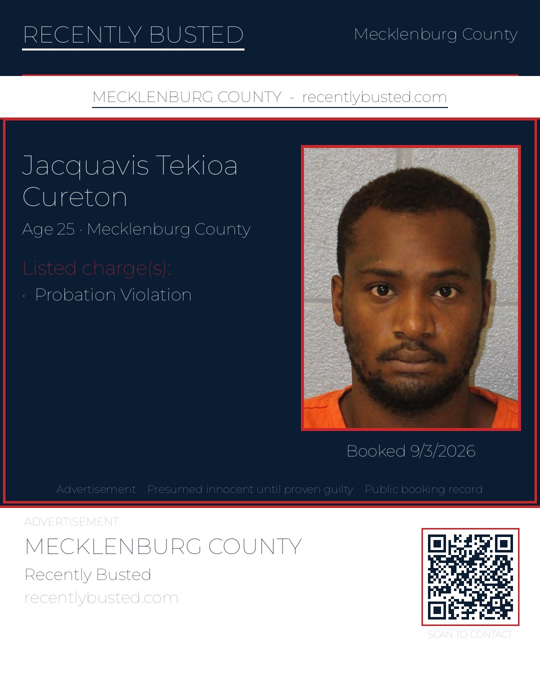 JACQUAVIS TEKIOA CURETON — arrest record card, Mecklenburg County, North Carolina