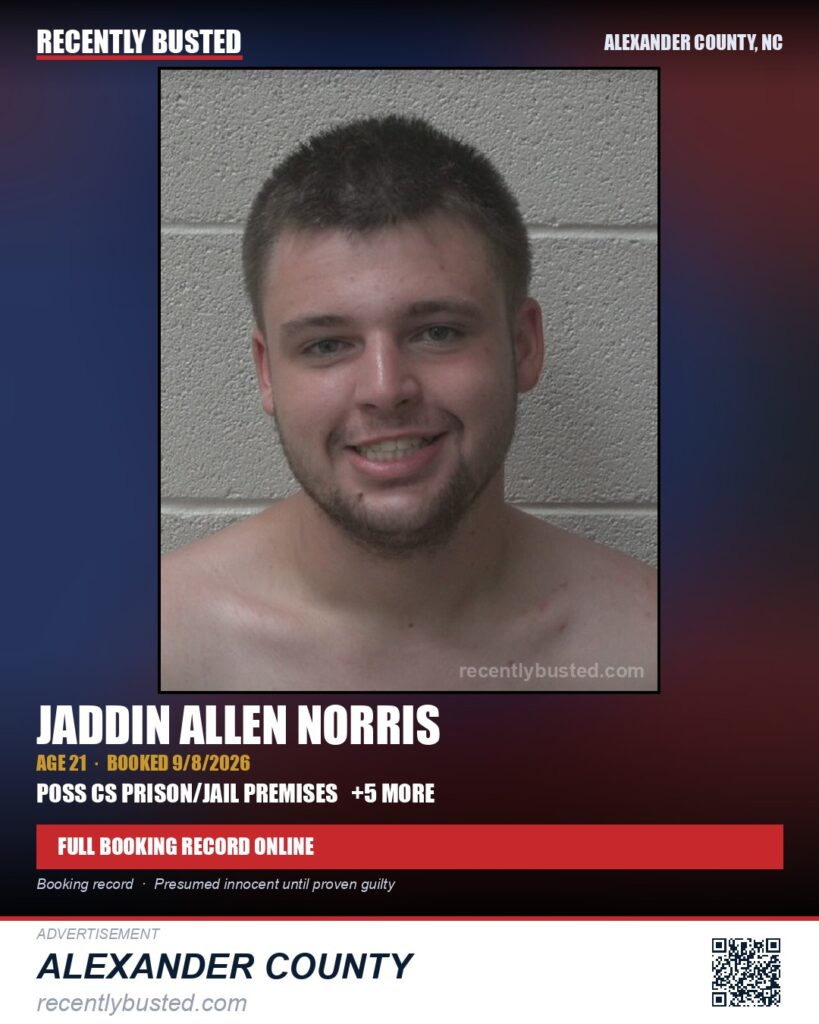 JADDIN ALLEN NORRIS — arrest record card, Alexander County, North Carolina